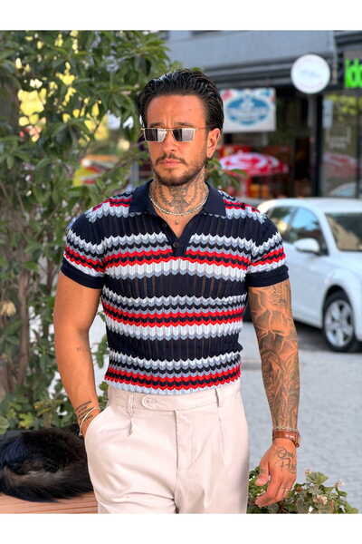 manch collection Colorful Patterned Knitwear Polo Neck T-Shirt