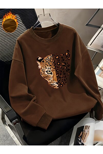 uyguntarz Unisex Leopard Patterned Tiger Printed Crew Neck Sweatshirt