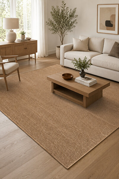Serente Home Elef Serisi Kahverengi Hasır Dokuma Jüt Kaymaz Taban Sisal Kilim...