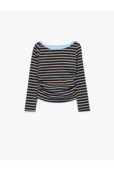 Koton Crew Neck Long Sleeve Slim Fit Camisole Striped T-Shirt with Gathered D...