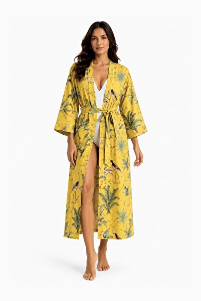 Genel Markalar Kadın %100 Pamuklu Safari Desenli El Baskısı Kimono - Kaftan (...