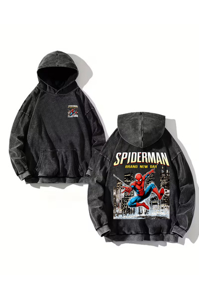 Toum Washable Spider Retro Printed Vintage Hooded Sweatshirt