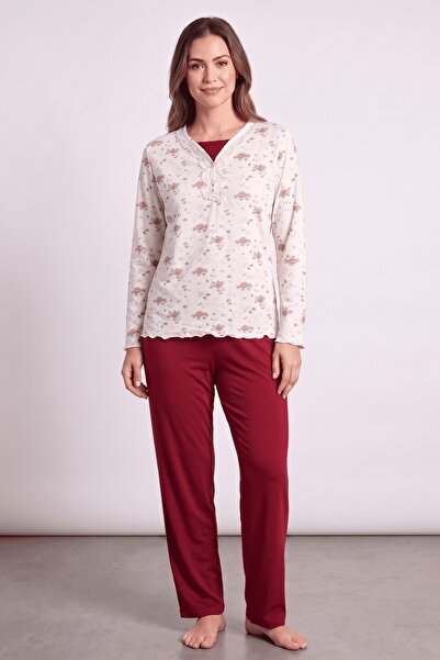 hadiora Women's Burgundy Battal Size V-Neck Floral Patterned Long Sleeve Paja...
