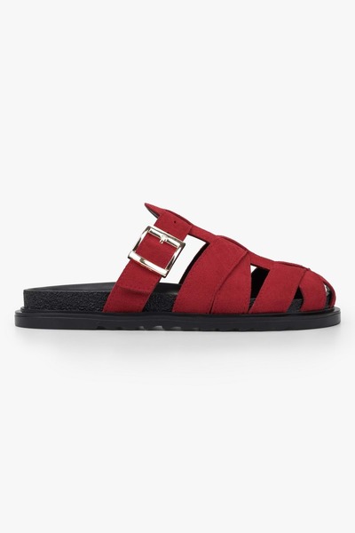 Shoeberry Women's Vion Red Suede Buckle Detailed Slippers