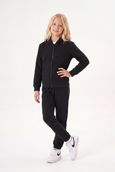 FYK KİDS Girl's Basic Zippered Hooded Double Pocket Tracksuit Set