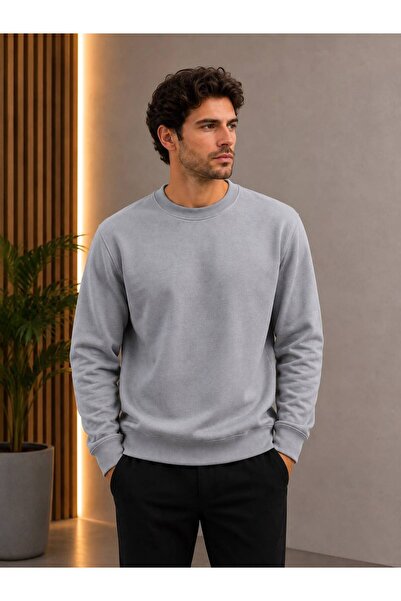 LOADER Gri Renk Basic Bisiklet Yaka Relaxed Regular Erkek Sweatshirt