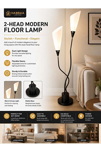 Habbaa 2-Head Modern Floor Lamp – Dual LED Standing Lamp with Flexible Goosen...