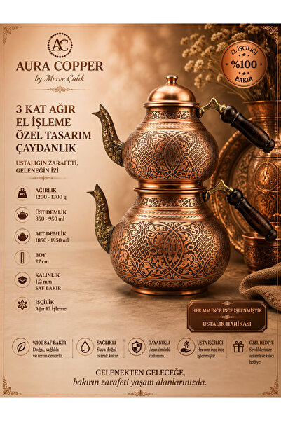 AURA COPPER 3 kat Ağır El İşlemeli Bakır Çaydanlık Seti 1,2 mm Yoğun Motifli ...