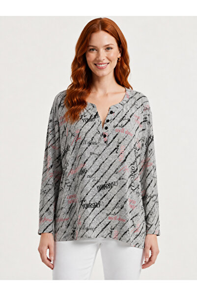 Neden Tekstil Women's Summer Long Sleeve Patterned V-Neck Blouse