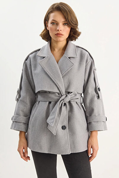 Generic Brand Women's Epaulet Detailed Lined Belted Pocketed Short Cashmere G...