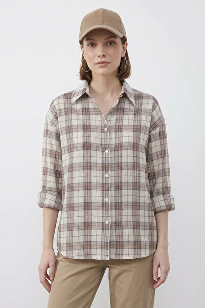 Efnaz style Women's Plaid Patterned Relaxed Cotton Ecru Beige Shirt