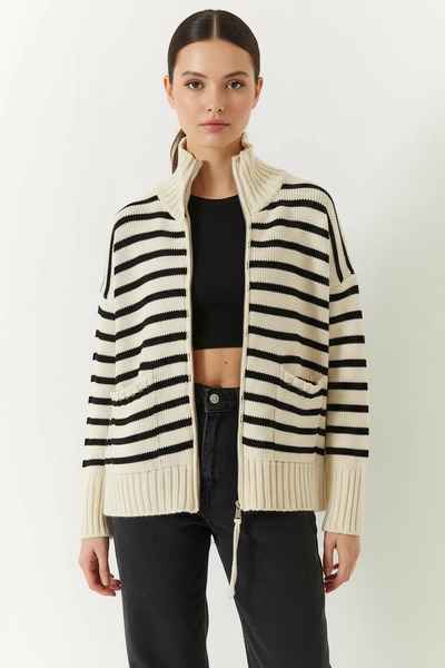 Generic Brand Women's Striped Knitwear Ecru Black Cardigan