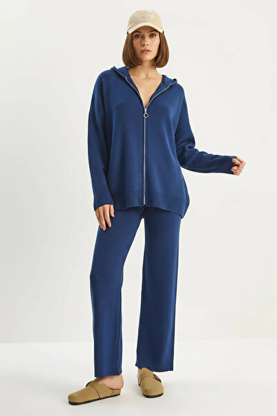 Efnaz style Women's Relax Fit Hooded Cardigan High Waist Pants Knitwear Navy ...