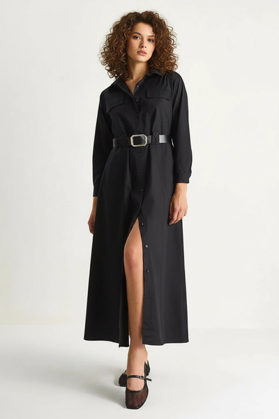 Efnaz style Women's Button Closure Pocket Detailed Belted Black Shirt Dress
