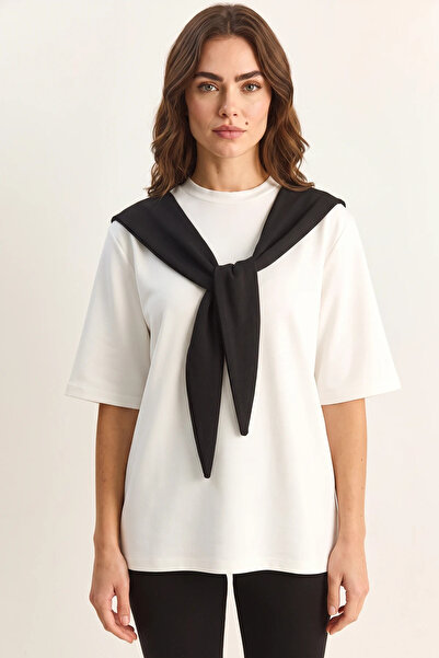 Şeker Portakalım Women's Oversize Basic White Black T-Shirt with Shawl Detail