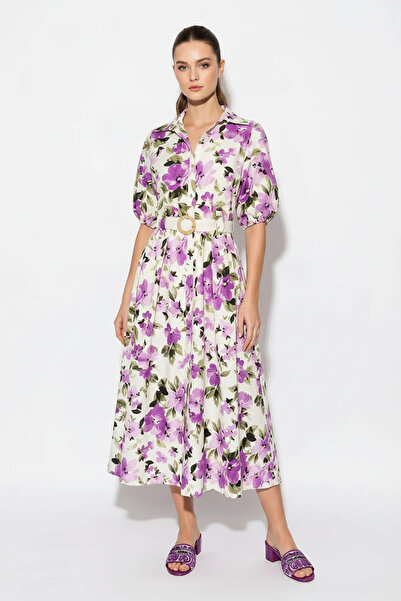Efnaz style Women's Floral Patterned Belt Detailed Balloon Sleeve Poplin Midi...