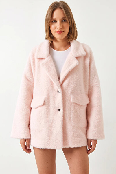 Efnaz style Women's Double Pocket Oversize Plush Pink Coat