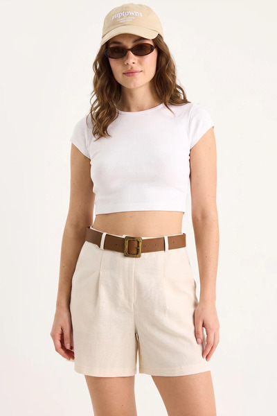 Efnaz style Women's Belted Thin Linen Beige Shorts with Pocket Detail