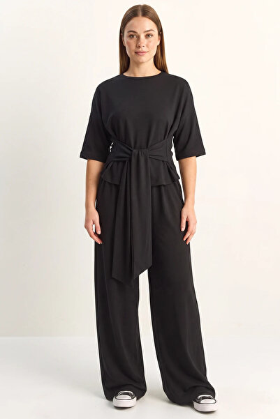 Generic Brand Women's Belted Basic T-Shirt Wide Leg Pants Bottom Top Modal Bl...