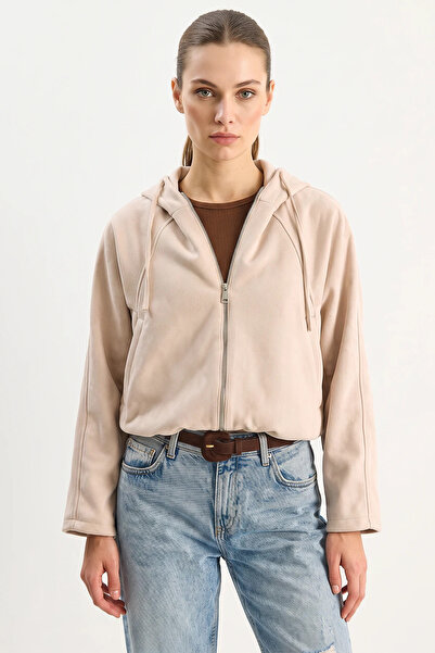 Efnaz style Women's Hooded Zippered Pocket Detailed Lined Suede Beige Jacket