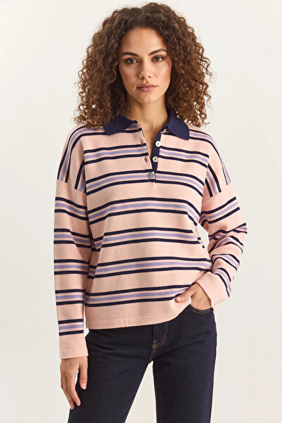 Efnaz style Women's Polo Collar Striped Knitwear Pink Sweater