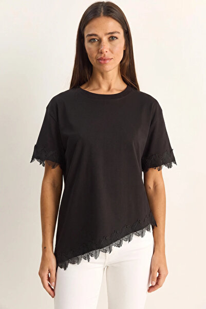 Şeker Portakalım Women's Crew Neck Lace Detailed Asymmetrical Cut Oversize t ...