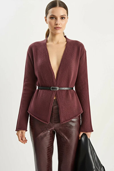 Şeker Portakalım Women's Belt Detailed Knitwear Burgundy Cardigan