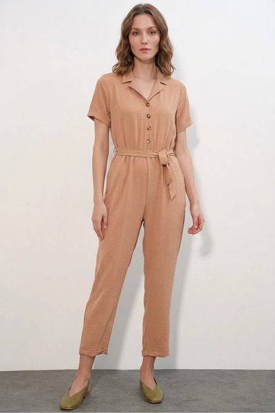 Efnaz style Women's Shirt Collar Belted Short Sleeve Biscuit Jumpsuit
