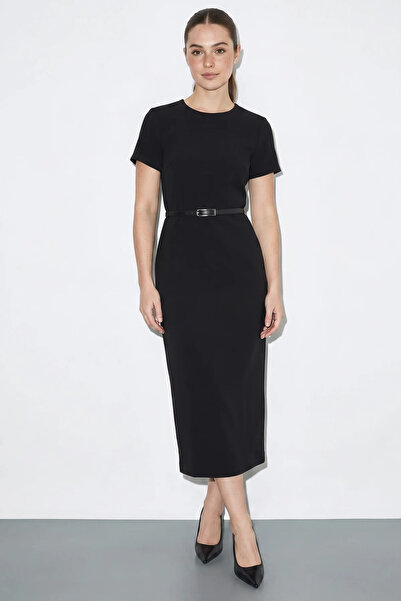 Generic Brand Women's Belted Crew Neck Pencil Black Dress