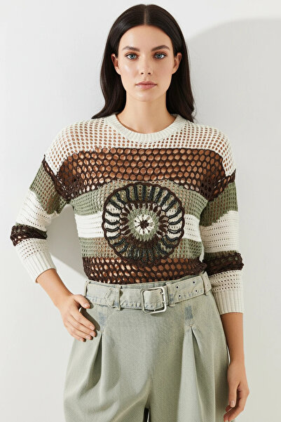 Generic Brand Women's Crew Neck Openwork Beaded Embroidered Knitwear Ecru Swe...