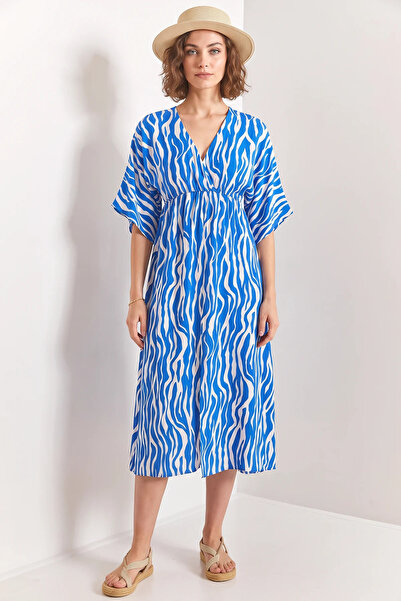 Efnaz style Women's Double Breasted Collar Patterned Flared Dress Blue White