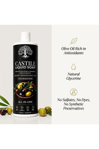 EKO-NEST Pure Castile Liquid Soap 1L – 100% Olive Oil 18-in-1 Multipurpose Soap, Oud & Black Musk – Vegan, Biodegradable, Sulfate & Paraben Free – Face, Body, Hair, Pet & Home