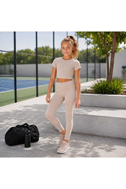 BEBEĞİME ÇORAP Girls' Sports Set - Crop T-Shirt High Waist Leggings 2-Piece G...