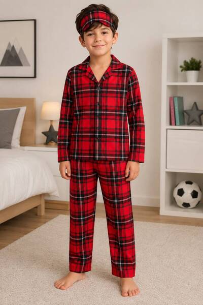 Fil Kids Boys Cotton Suede Fabric Red Plaid Pattern Shirt Collar Buttoned Win...