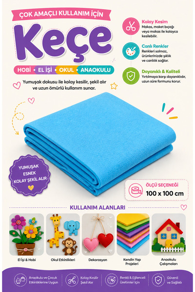 MARVA KEÇE KUMAŞ HOBI KREŞ ANAOKULU İÇİN İNCE 1mm 100cm x 100cm
