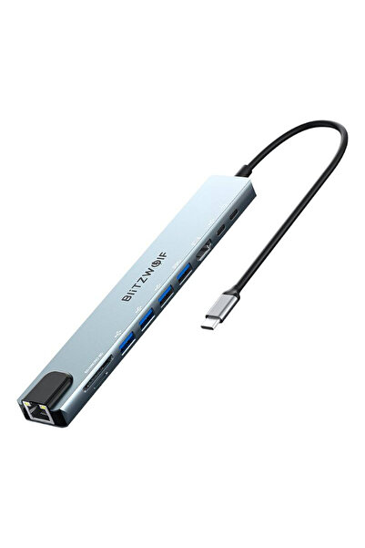 BlitzWolf BW-TH5 10-σε-1 Διανομέας USB-C, 4K HDMI, 100W PD, RJ45, SD/TF, Ασημί
