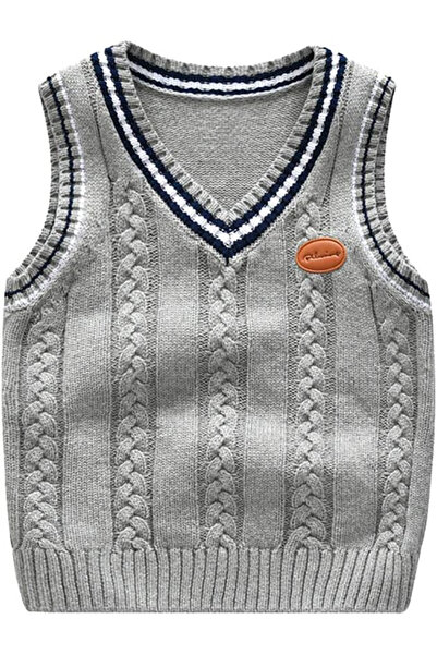 OEM Grey knitted vest for children, V-neck collar trimmed with white and blac...
