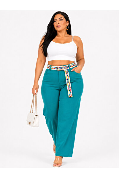 ZANESSI Plus Size Belted High Waist Pocketed Cotton Wide Leg Women's Trousers