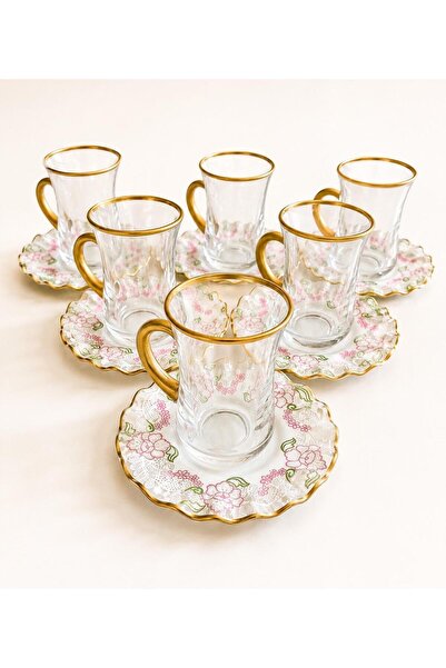 GÜRCÜGLASS Pink Lace 12 Piece Tea Set with Handles.