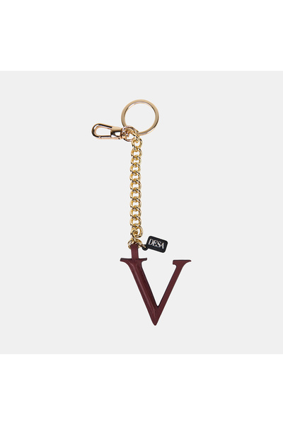 Desa Burgundy Letter V Leather Charm / Keychain with Gold Chain
