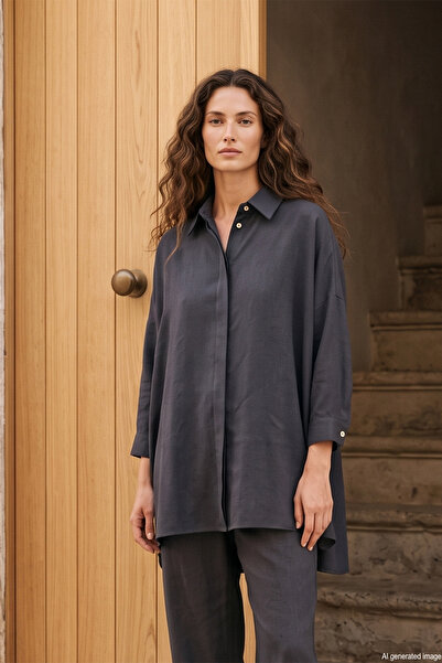 Lale Butik Straight Cut Button Detailed Modal Shirt 19605 Anthracite