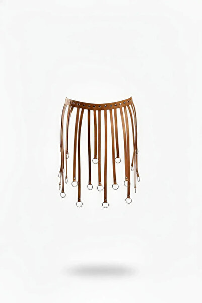 Angels Passion Faux Leather Tan Color Studded Belt Skirt with Ring Detail
