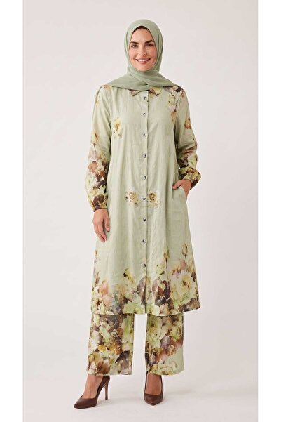 ECE GİYİM Women's Tunic with Front Buttons, Pockets, Patterned Collage, Elast...