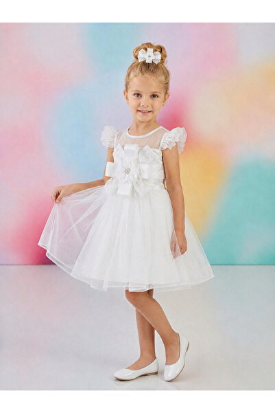 MİSS RAİN Girls' Evening Dress with Large Flower Detail and Shoulder Ruffles