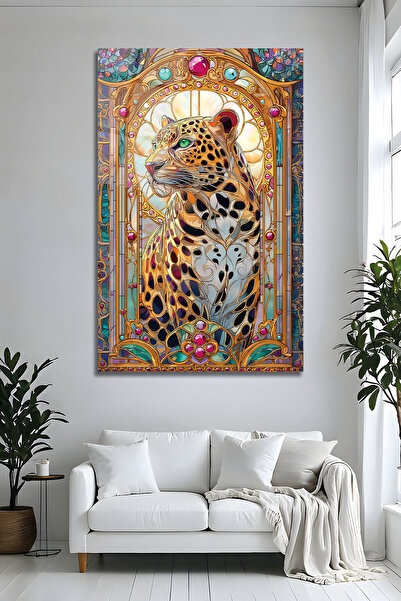 Parıltı Yayınları Figurină leopard, vitraliu decorat, masă de sticlă de lux m...