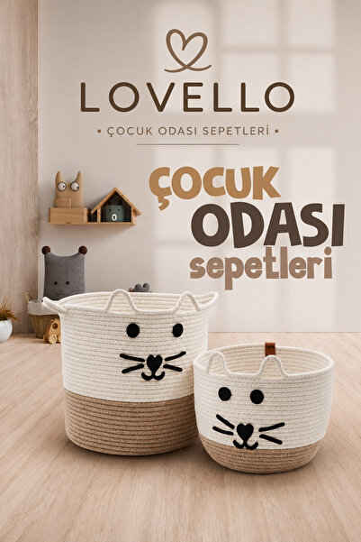 LOVELLO سلة تنظيم متعددة الأغراض لغرفة الأطفال بتصميم قطة من خيوط الجوت البيج...