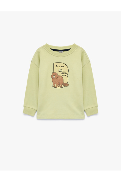 Koton Cotton Printed Oversize Crew Neck Long Sleeve T-Shirt