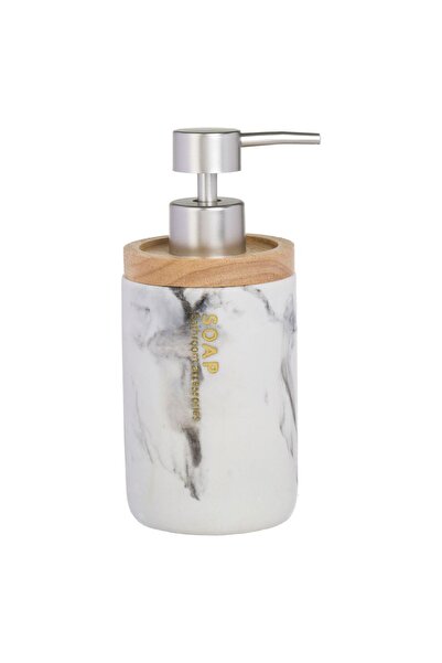 Zâna Casei White Polyresin Liquid Soap Dispenser with Marble Pattern & Wood D...