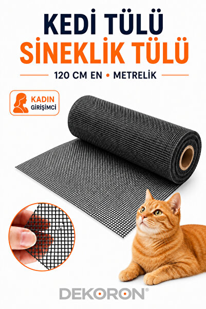 DEKORON Kedi Tülü Sineklik Tülü 120 cm En Güçlendirilmiş Pet Tülü Metrelik Siyah