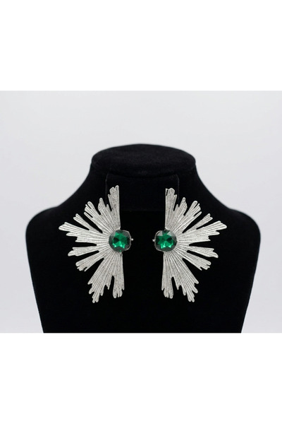 Prizma Concept Women's Emerald Green Stone Sun-Shaped Silver Color Vintage Showy Ear Stud Earring Set - Special Occasion and Evening Dress Design Jewelry
